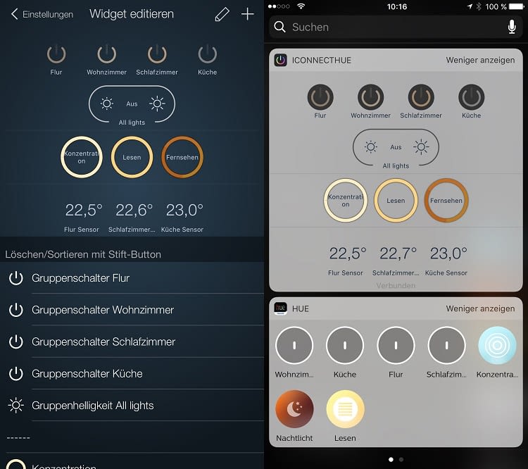 Im Vergleich zum Widget der Hue-App: mehr Funktionsumfang und Übersichtlichkeit Im Vergleich zum Widget der Hue-App: mehr Funktionsumfang und Übersichtlichkeit