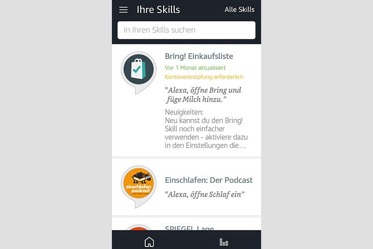 Alle aktivierten Skills sind in der Alexa App einsehbar Alle aktivierten Skills sind in der Alexa App einsehbar