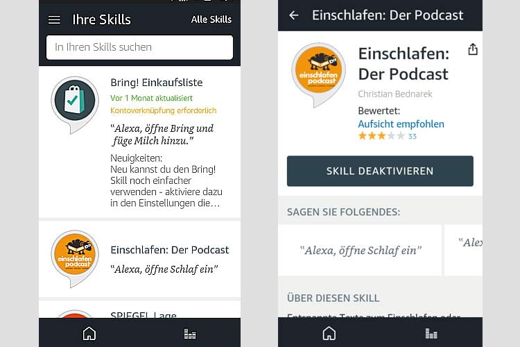 Links ist die Skill-Übersicht der App zu sehen, rechts ein einzeln ausgewählter Skill Links ist die Skill-Übersicht der App zu sehen, rechts ein einzeln ausgewählter Skill