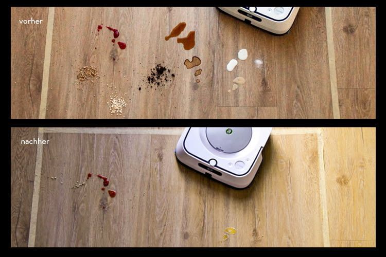 Hier ist zu sehen, dass der Wischroboter nur an eingetrockneter Marmelade und Kondensmilch scheitert Hier ist zu sehen, dass der Wischroboter nur an eingetrockneter Marmelade und Kondensmilch scheitert