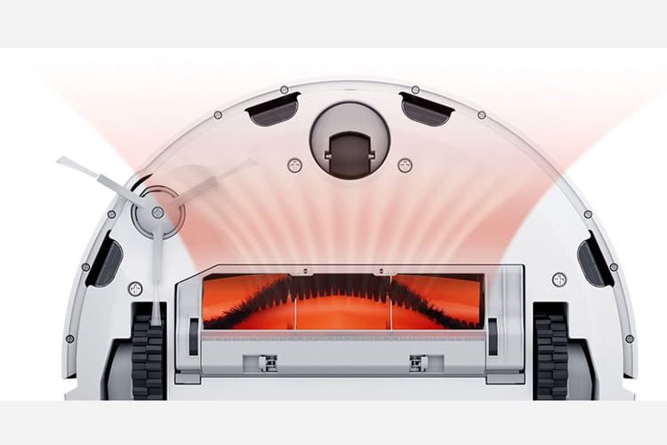 Die Seitenbürste kehrt Schmutz in Richtung der Hauptbürste an der Unterseite Die Seitenbürste kehrt Schmutz in Richtung der Hauptbürste an der Unterseite