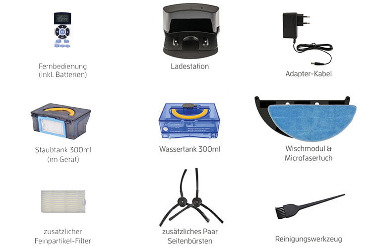 Lieferumfang und beigepacktes Zubehör sind beim ZACO V5sPro Saugroboter mit Wischfunktion vorbildlich Lieferumfang und beigepacktes Zubehör sind beim ZACO V5sPro Saugroboter mit Wischfunktion vorbildlich