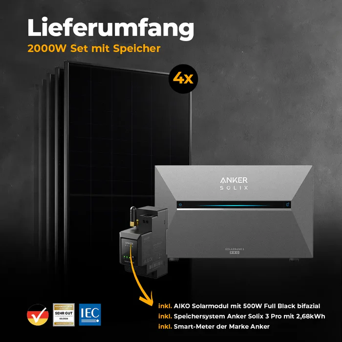 Solago Balkonkraftwerk 2000 Watt mit Speicher Anker SOLIX 3 Pro – Set
