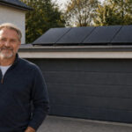 Lächelnder Mann vor Garage mit Solarmodulen