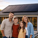 Fröhliche Familie steht vor Einfamilienhaus mit Solaranlage