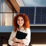 Frau mit Klemmbrett vor Solarmodul