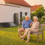 Seniorenpaar sitzt lachend auf einer Bank im Garten, dahinter ist ein Balkonkraftwerk zu sehen