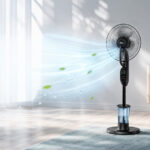 Standventilator mit Wassertank in einem hellen Wohnzimmer