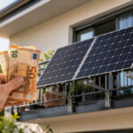 Eine Hand im Vordergrund hält im Vordergrund 50 Euro Geldscheine ins Bild, im Hintergrund sind Solarmodule zu sehen