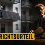 Mann in dunkler Amtskleidung mit Gerichtshammer vor Balkonkraftwerk