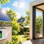 Balkonkraftwerk mit Batteriespeicher an einem sonnigen Wohnhaus. Der Speicher erhöht den Eigenverbrauch von Solarstrom und verbessert die Autarkie im Haushalt.