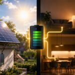 Balkonkraftwerk mit Batteriespeicher an einem sonnigen Wohnhaus. Der Speicher erhöht den Eigenverbrauch von Solarstrom und verbessert die Autarkie im Haushalt.