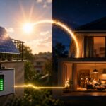 Balkonkraftwerk mit Batteriespeicher an einem sonnigen Wohnhaus. Der Speicher erhöht den Eigenverbrauch von Solarstrom und verbessert die Autarkie im Haushalt.