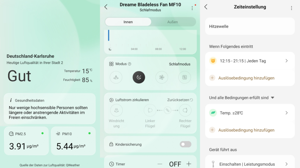 Szenario-Setup: Über die DREAME Home App kann der Betrieb für diverse Szenarien vorprogrammiert werden. Zum Beispiel über die gemessene Außen- oder Innentemperatur.