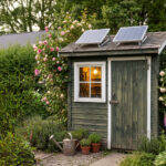 Kleine Gartenhütte mitten im Grünen mit zwei Solarpanelen
