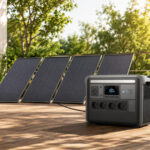 Großer Stromspeicher auf einer Terrasse vor vier Solarmodulen