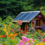 Gartenhütte im Grünen mit zwei Solarmodulen und vielen Blumen im Hintergrund