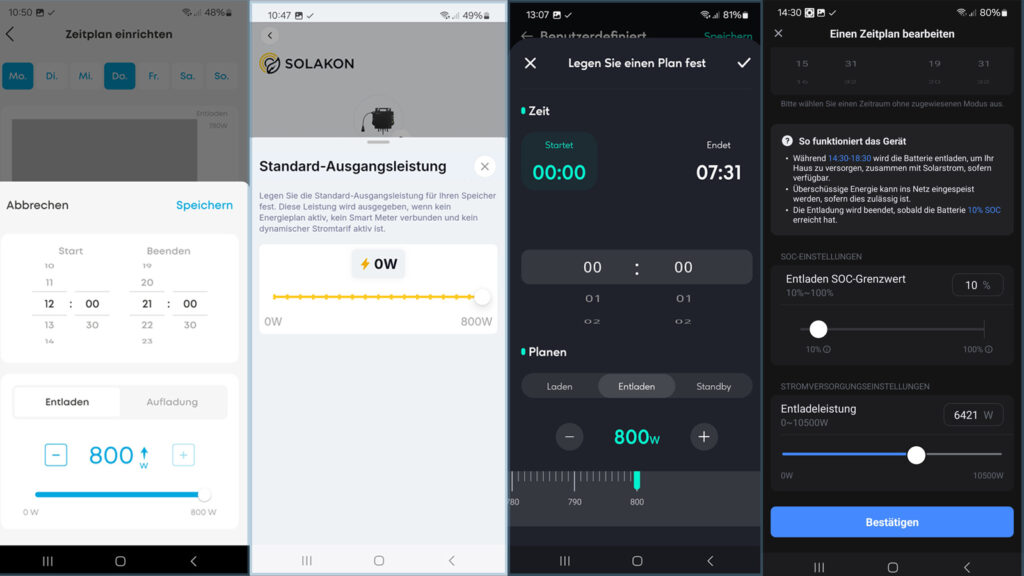 speicher-gerichtsurteil-app-beleg Anker, Solakon und Zendure bleiben bei max. 800 W, Avocado (rechts) zeigt dagegen extrem hohe Entladeoptionen an