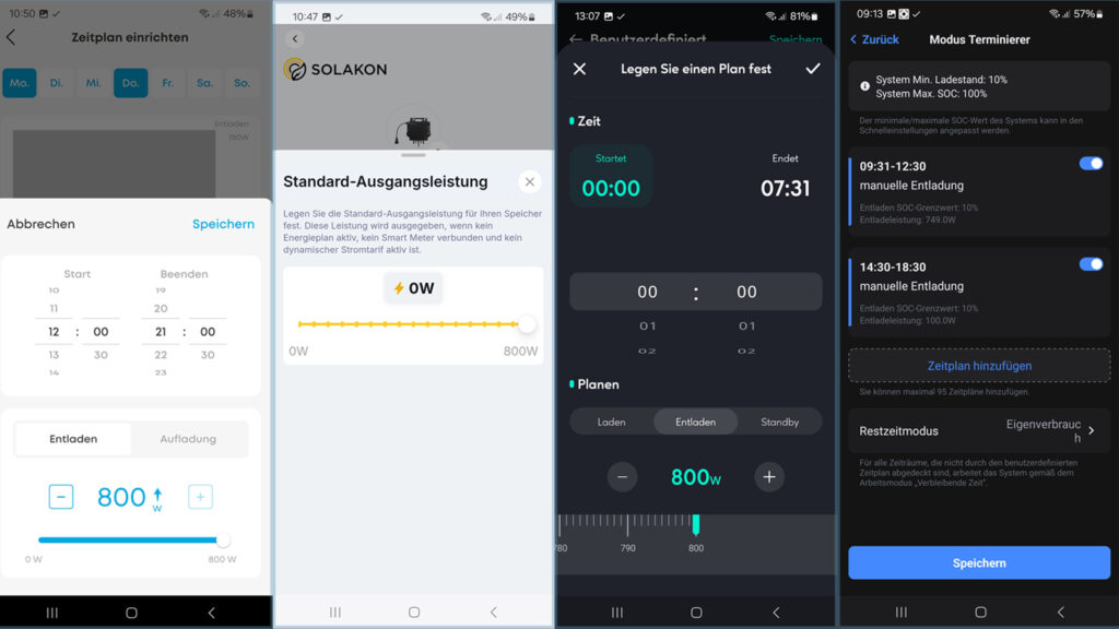 speicher-gerichtsurteil-app-beweis Entladegrenzen Anker SOLIX 3 , Solakon ONE, Zendure SolarFlow 800 Pro und Avocado 22 (von links nach rechts)