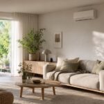 Eine fest installierte Split-Klimaanlage sorgt im Haus für angenehme Temperaturen – im Sommer kühl, in der Übergangszeit sogar zum Heizen.