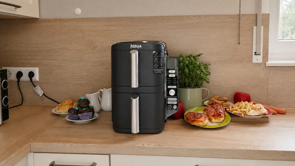 ninja-duble-stack-einzelmodell-test Ninja Airfryer umgeben von selbst zubereiteten Speisen wie Pizza, Pommes und Muffins