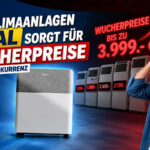 Mann steht vor Klimaanlage und schlägt die Hände über dem Kopf zusammen