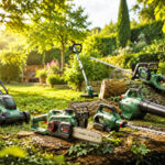 Verschiedene Gartenhelfer wie Laubbläser, Rasenmäher, Heckenschere und Freischneider in einem Garten