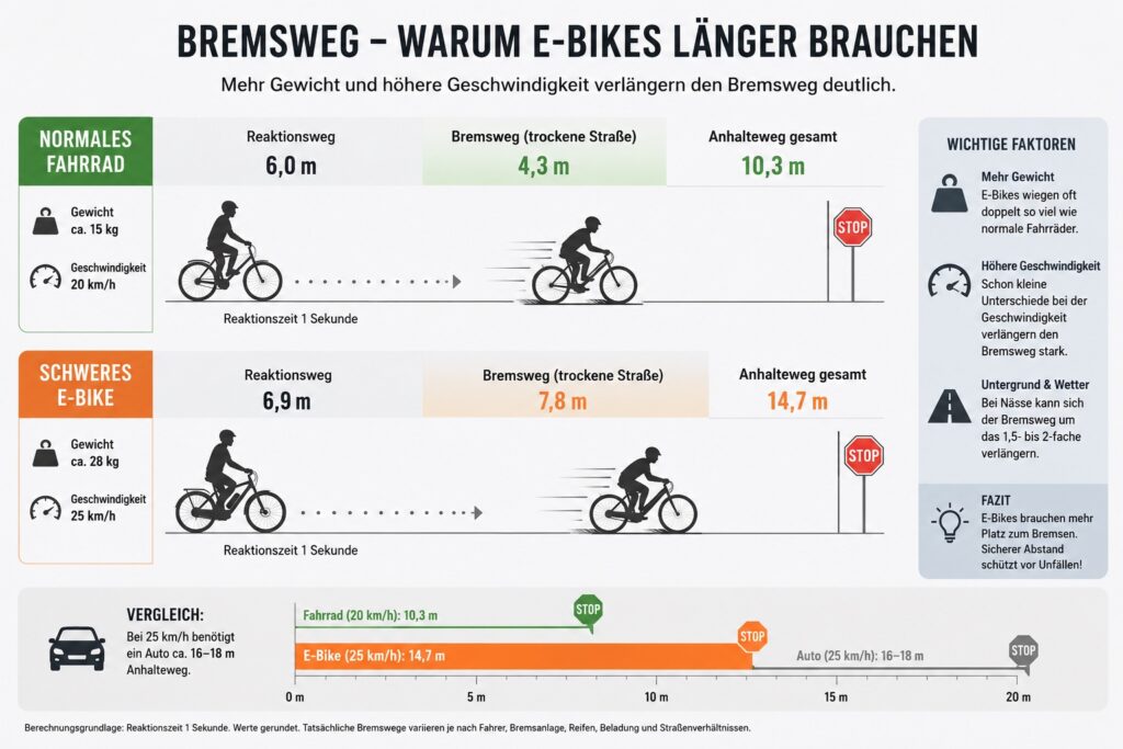 Schwerer und oft schneller: Dadurch verlängert sich der Brems- und Anhalteweg, besonders bei Nässe oder schlechter Fahrbahn.