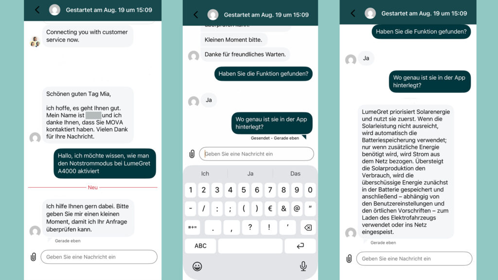 lumegret-app-kundenchat-bewertung Chatverlauf mit dem MOVA Kundenservice im Test