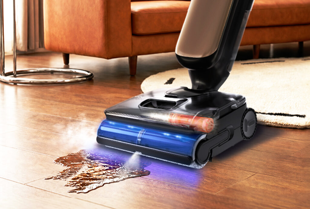 Bereits im Handel: Der FLOOR ONE S9 Artist Boost Steam löst eingetrockneten Schmutz mit bis zu 230 °C heißem Dampf.