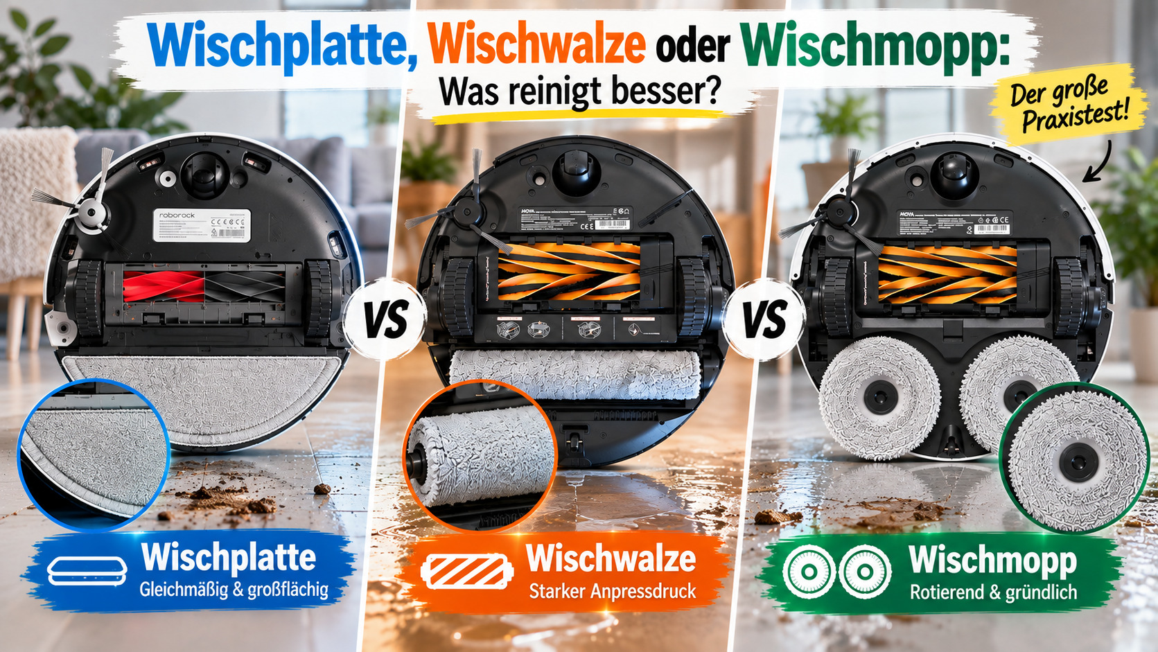 Wischroboter im Vergleich: Walze entfernt Flecken in einem Durchgang, Mopp erreicht Ecken, Wischplatte passt unter Möbel