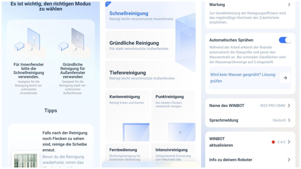 Praktische App: Neben Reinigungstipps kann man diverse Modi und Zusatzfunktionen auswählen.