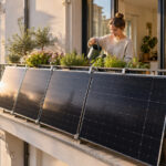Vier Solarmodule mit zusammen 2.000 Wp hängen am Balkongeländer eines Altbaus