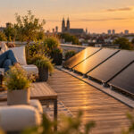 Paar sitzt bei Sonnenuntergang auf einer Dachterrasse neben vier aufgeständerten Solarmodulen