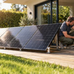 Mann schließt aufgeständerte Solarmodule auf der Terrasse an einen Batteriespeicher an
