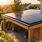 Acht schwarze Solarmodule auf dem Flachdach eines Holz-Carports im Abendlicht