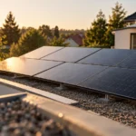 Acht aufgeständerte Solarmodule auf dem Kies-Flachdach einer Garage im Sonnenuntergang