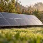 Aufgeständerte Solarmodule in zwei Reihen auf einer Wiese im Garten bei Morgentau