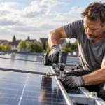 Mann montiert mit Akkuschrauber Solarmodule auf einem Flachdach