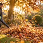 Mann bläst mit einem grünen Akku-Laubbläser Herbstlaub unter Bäumen im Garten zusammen