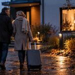 Paar mit Koffer geht abends am Haus vorbei, im Wohnzimmer brennt Licht