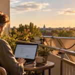 Mann sitzt mit Laptop auf dem Balkon, am Geländer sind Solarmodule eines Balkonkraftwerks montiert