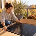 Frau packt auf einem herbstlichen Balkon ein Solarmodul für ein Balkonkraftwerk aus