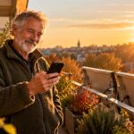 Älterer Mann prüft auf dem Balkon per Smartphone-App den Ertrag seines Balkonkraftwerks
