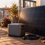 Solarmodul mit Preisschild neben einem Batteriespeicher auf einem herbstlichen Balkon