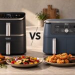 Cosori Turbo Tower Pro und Ninja Dual Zone Heißluftfritteuse nebeneinander auf der Arbeitsplatte mit Gerichten