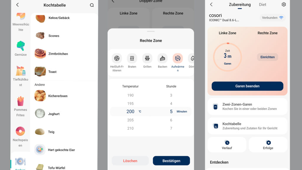 cosori-vesync-app-im-test 3 Screenshots der VeSync App, die eine Kochtabelle, Temperatureinstellungen und die Garzeit zeigen
