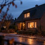 Einfamilienhaus mit beleuchteten Fenstern in der Abenddämmerung im Herbst