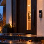 Beleuchtete Haustür mit Videotürklingel an einem Herbstabend, nasse Stufen mit Laub