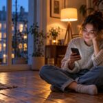 Junge Frau sitzt abends im warm beleuchteten Wohnzimmer auf dem Holzboden und schaut lächelnd auf ihr Smartphone, neben ihr schläft eine Katze